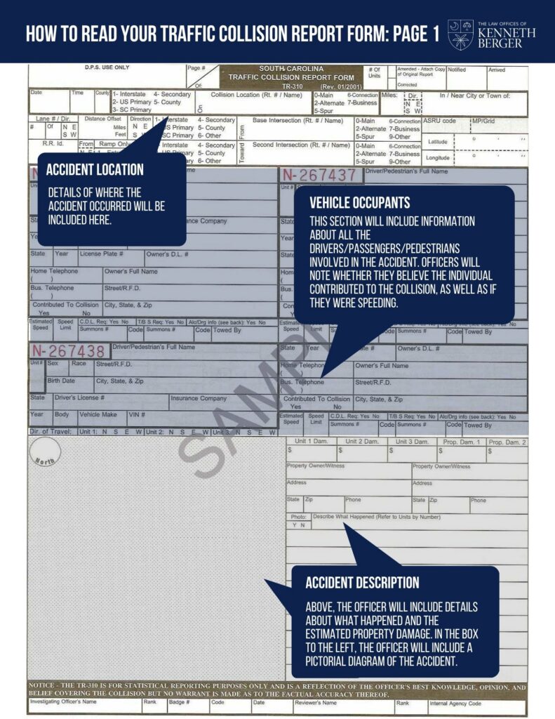 How to read a South Carolina TR-310 traffic collision report, page 1